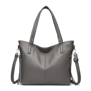 Women Large Capacity Shoulder Tote Handbag Solid Color Commute Soft Leather Bag Fashion