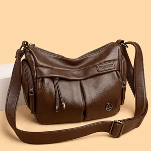 Women's brown soft leather crossbody bag, stylish casual daily shoulder handbag with zip.