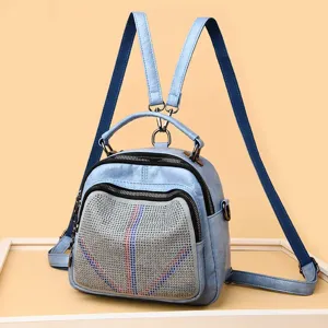 Light blue multi-functional rhinestone backpack women fashion casual daypack handbag
