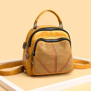 Women multifunction rivet backpack yellow leather shoulder bag casual daily travel handbag