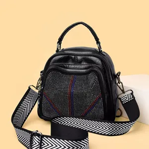 Fashion multi-functional studded women backpack handbag casual shoulder crossbody bag black