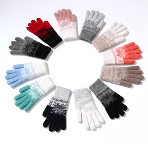 Detailed view of women's knitted jacquard thermal winter gloves in multiple color options.