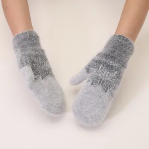 Winter warm knitted jacquard mittens rabbit hair fleece lined thick outdoor gloves detail view.