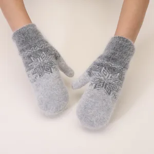 Winter warm knitted jacquard mittens, grey thick rabbit hair fleece lined outdoor gloves detail