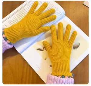 Winter Warm Touch Screen Acrylic Five Finger Gloves Solid Color Sweet Style Knitted Gloves For Women Daily Outdoor Wear
