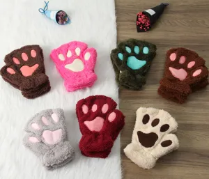 Detailed view of winter thick plush cat paw fingerless gloves in multiple cute colors.