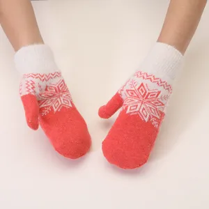 Cozy winter warm knitted mittens featuring red and white snowflake pattern, thick plush lined gloves.