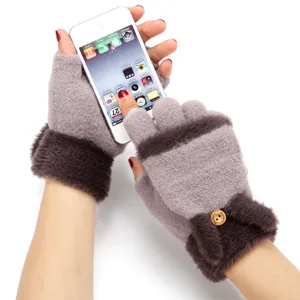 Women winter knit convertible half-finger plush gloves warm touch screen mittens gray new