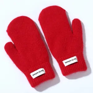 Thickened rabbit fur winter mittens for women, cute red plush fleece warm student gloves.