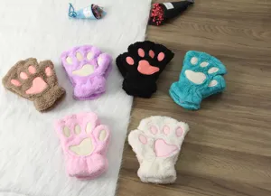 Winter cute cat paw plush half finger gloves, thick warm fuzzy bear paw gloves for cold days.