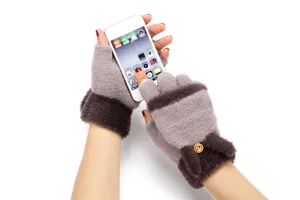 Knit half-finger gloves with plush cuffs, warm winter convertible mittens for women detailed view.