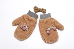 Women Winter Warm Fleece Thicken Gloves Cute Double Pom Pom Mittens With Hanging Rope