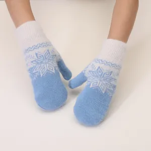 Winter warm knitted rabbit hair mittens with blue and white snowflake jacquard pattern for outdoor.