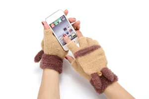 Women's winter knit half-finger gloves with plush faux fur cuffs and convertible design for warmth.