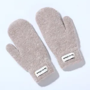 Fluffy knitted winter mittens for women, thick warm plush mittens with cute letter patch tags.