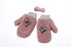Women winter warm fleece mittens cute double pom pom gloves with string pink thick soft