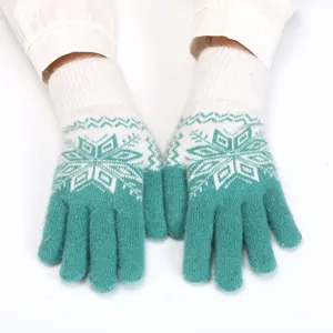 Winter warm knit gloves with snowflake pattern, thickened fleece design for outdoor women daily use.