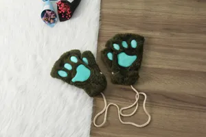 Winter cute cat paw fingerless gloves, thick plush bear claw warm gloves with hanging rope.