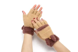 Women knit fingerless gloves winter warm plush flip top cute gloves for outdoor daily wear.