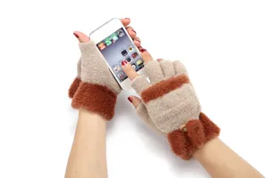 Close-up detail of women knit half-finger plush convertible gloves in beige and brown.
