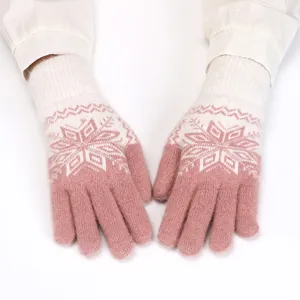 Women Winter Warm Knit Gloves Thickened Touch Screen Jacquard Snowflake Gloves Casual Outdoor Cycling Thermal Gloves
