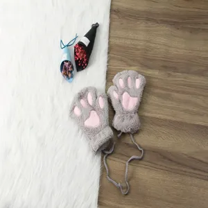 Winter cute cat paw fleece fingerless gloves warm plush half finger mittens for women.
