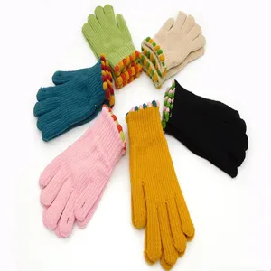 Winter warm knitted five finger gloves set, colorful ball cuff design, soft thermal gloves.