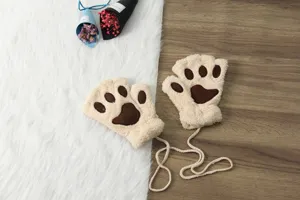 Plush half-finger cat paw gloves winter warm cute fuzzy mittens with hanging neck rope.