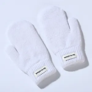 White knitted winter mittens for women, thick plush wool warm gloves with custom label.
