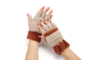 Women winter knit fingerless gloves with fuzzy plush cuff warm convertible mittens outdoor.