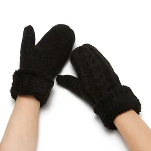 Black fleece lined thick cable knit mittens for winter warm windproof outdoor cycling use