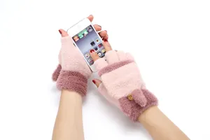 Women winter knit half-finger plush flip gloves with cute wooden button decoration.