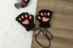 Cute fuzzy cat paw half-finger gloves winter warm plush mittens with hanging neck string