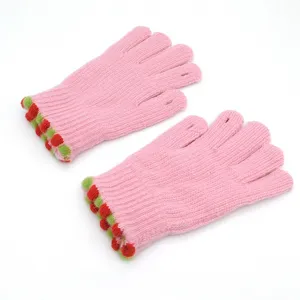 Pink knit gloves with cute strawberry cuff details, warm winter five finger gloves for women.