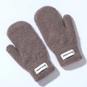 Cozy thick winter plush mittens with cute sewing label for warm daily student wear details