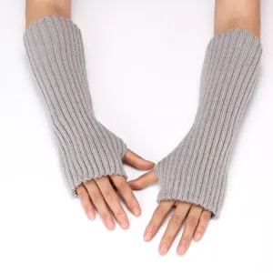 Grey knitted arm warmers detail display, long warm winter fingerless sleeve texture