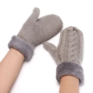 Grey fleece-lined cable knit mittens for winter warmth, thick cozy thermal gloves for cold weather