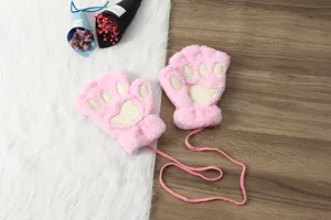 Pink fuzzy cat paw half finger gloves, thick plush winter warm gloves with hanging string.