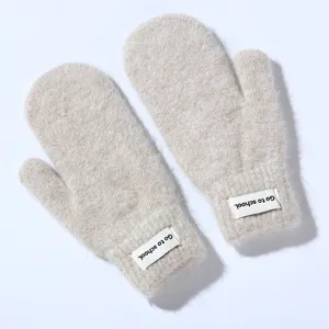 Winter warm fuzzy knit mittens for women, thick plush rabbit hair gloves with cute letter label.