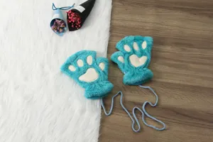 Cute winter cat paw fingerless gloves plush warm half-finger gloves with hanging neck string