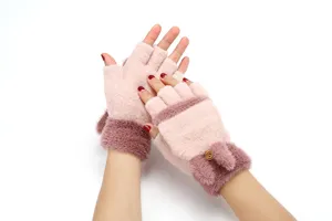 Women cute half finger knit gloves winter warm flip convertible plush mittens with bear ears.