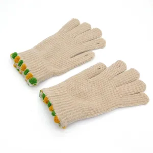 Winter warm knitted five-finger gloves in beige with cute colorful pom-pom cuff design.