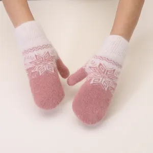 Winter thick fleece-lined knit mittens with cute snowflake pattern for outdoor cycling warmth.
