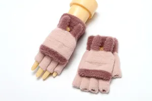Detailed view of women's warm winter knit half-finger gloves with plush flip cover design.
