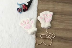 Winter cute plush cat paw half-finger gloves warm furry bear claw mittens with hanging string