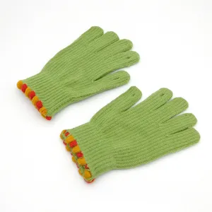 Winter warm green knit five-finger gloves with colorful cuffs for cold weather outdoor daily use.
