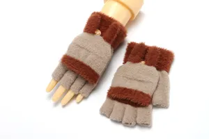 Women winter warm knit half finger flip cover gloves brown khaki fashion fleece mitts