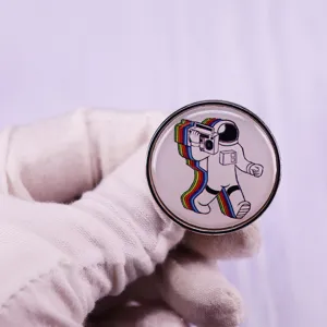 Space astronaut metal lapel pin badge with rainbow boombox design for daily clothes decor.