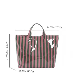 Detailed view showing the exact dimensions of the striped waterproof PVC tote bag.