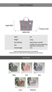 PVC striped tote bag size chart and color details, waterproof large shoulder handbag.